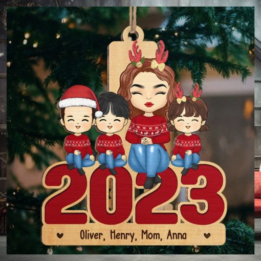 Mom And Kids Sitting Together 2023   Family Personalized Custom Ornament   Wood Unique Shaped   Christmas Gift For Family Members