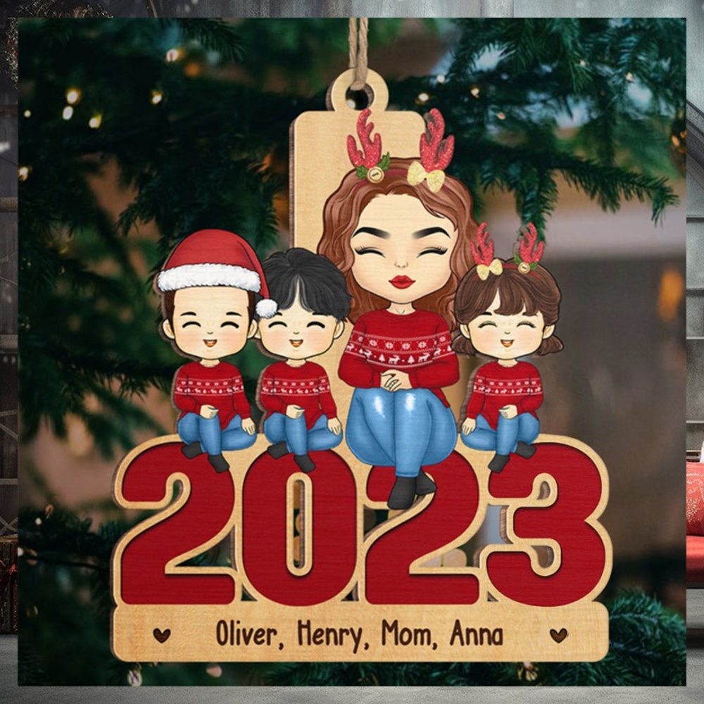 Mom And Kids Sitting Together 2023 Family Personalized Custom Ornament Wood Unique Shaped Christmas Gift For Family Members Mom And Kids Sitting Together 2023 Family Personalized Custom Ornament Wood Unique Shaped Christmas Gift For Family Members