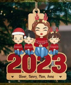 Mom And Kids Sitting Together 2023   Family Personalized Custom Ornament   Wood Unique Shaped   Christmas Gift For Family Members