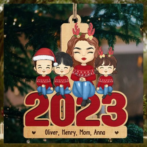 Mom And Kids Sitting Together 2023   Family Personalized Custom Ornament   Wood Unique Shaped   Christmas Gift For Family Members