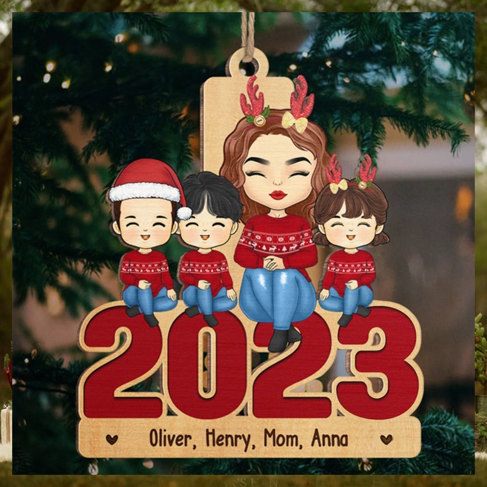 Mom And Kids Sitting Together 2023 Family Personalized Custom Ornament Wood Unique Shaped Christmas Gift For Family Members Mom And Kids Sitting Together 2023 Family Personalized Custom Ornament Wood Unique Shaped Christmas Gift For Family Members