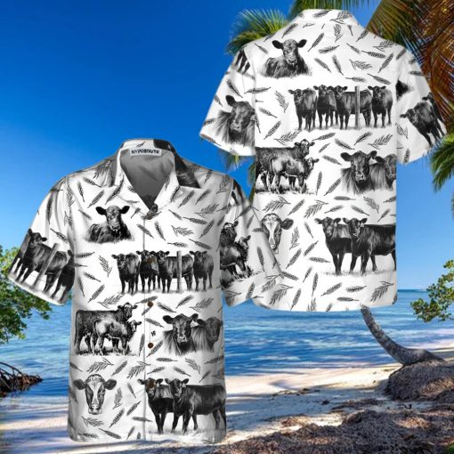 Monochrome Black Angus And Wheat Pattern Cow Hawaiian Shirt, Funny Hawaiian Shirt With Cows