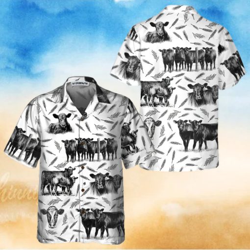 Monochrome Black Angus And Wheat Pattern Cow Hawaiian Shirt, Funny Hawaiian Shirt With Cows