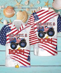 Monster Truck Red White And Boom 4th of July Short Sleeve Hawaiian Shirt