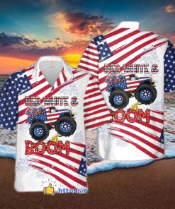 Monster Truck Red White And Boom 4th of July Short Sleeve Hawaiian Shirt