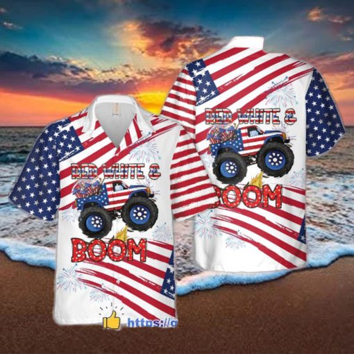 Monster Truck Red White And Boom 4th of July Short Sleeve Hawaiian Shirt