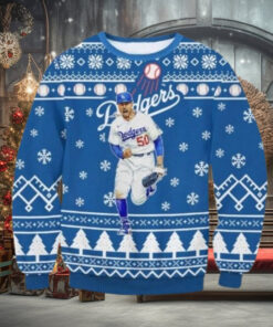 Mookie Betts Running Dodgers Snowflake Christmas Sweater