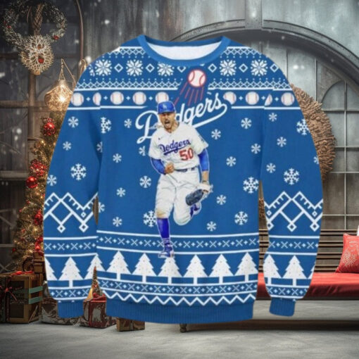 Mookie Betts Running Dodgers Snowflake Christmas Sweater