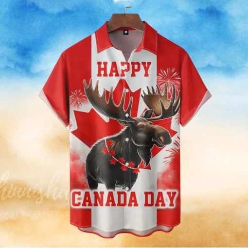 Moose Happy Canada Day Short Sleeve Hawaiian Shirt