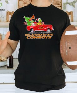 Happy Merry Christmas The Grinch drive a car Oklahoma State Cowboys football logo flag gift shirt