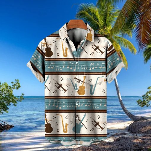 Music Rhythm Prints Repeating Stripes Pocket Hawaiian Shirt Oversized Vacation Shirt