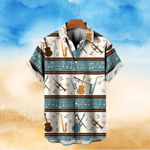 Music Rhythm Prints Repeating Stripes Pocket Hawaiian Shirt Oversized Vacation Shirt