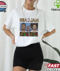 NBA Jam Cleveland Cavaliers Jarrett Allen and Evan Mobley Shirt basketball fan design featuring the dynamic duo of Jarrett Allen and Evan Mobley in an NBA Jam-inspired style