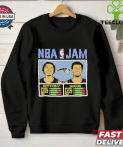 NBA Jam Cole Anthony and Jalen Suggs Orlando Magic Cartoon Shirt, featuring a fun, cartoon-style graphic of Cole Anthony and Jalen Suggs in an NBA Jam-inspired design, representing the Orlando Magic. Perfect for fans of both the Magic and these dynamic players!