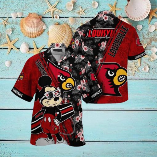 NCAA Louisville Cardinals Hawaiian Shirt Mickey And Floral Pattern