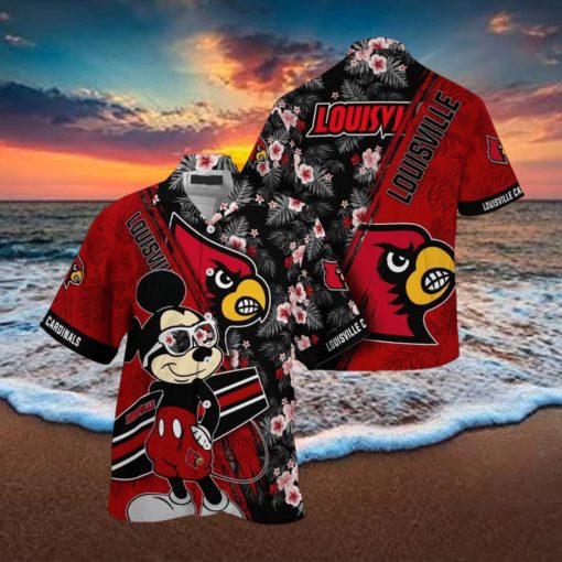 NCAA Louisville Cardinals Hawaiian Shirt Mickey And Floral Pattern