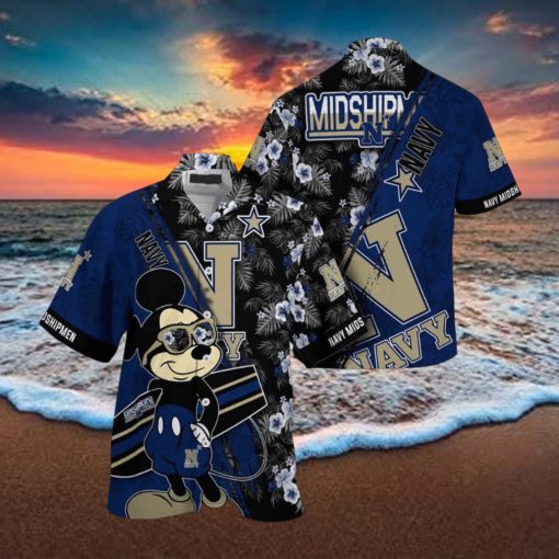 NCAA Navy Midshipmen Hawaiian Shirt Mickey And Floral Pattern