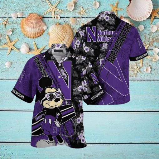 NCAA Northwestern Wildcats Hawaiian Shirt Mickey And Floral Pattern