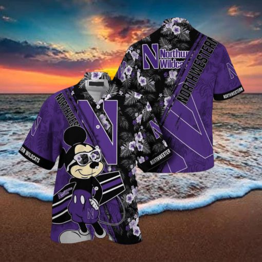 NCAA Northwestern Wildcats Hawaiian Shirt Mickey And Floral Pattern