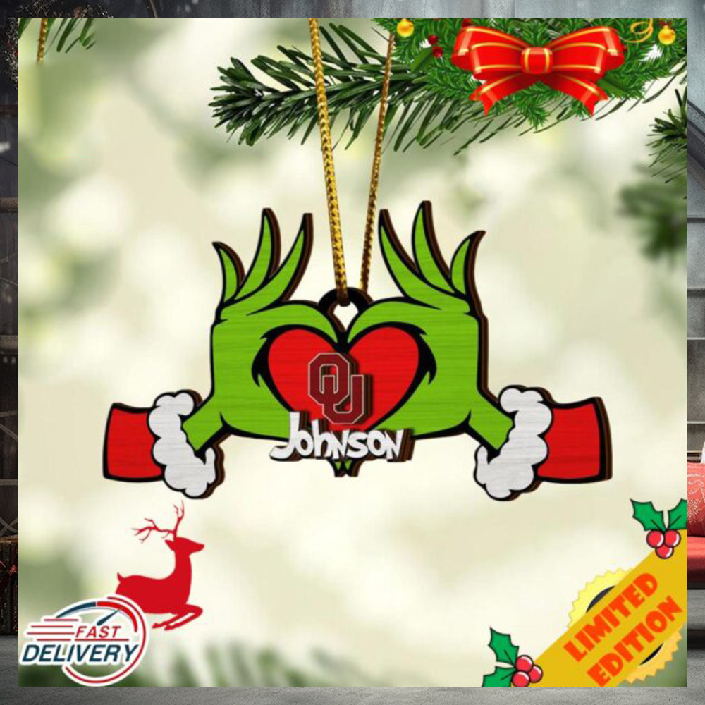NCAA Oklahoma Sooners And Grinch Christmas Ornament Custom Your Name 2023 Christmas Tree Decorations NCAA Oklahoma Sooners And Grinch Christmas Ornament Custom Your Name 2023 Christmas Tree Decorations