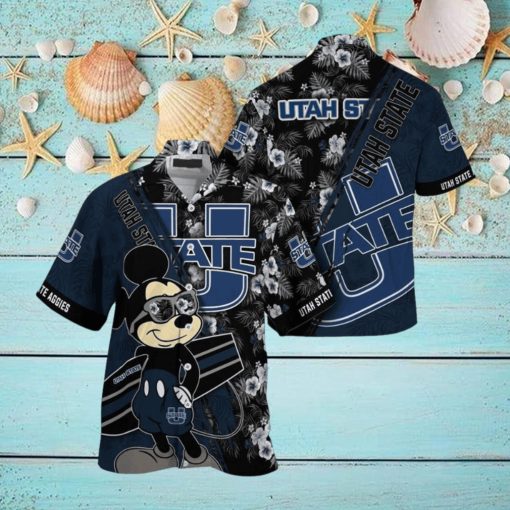 NCAA Utah State Aggies Hawaiian Shirt Mickey And Floral Pattern