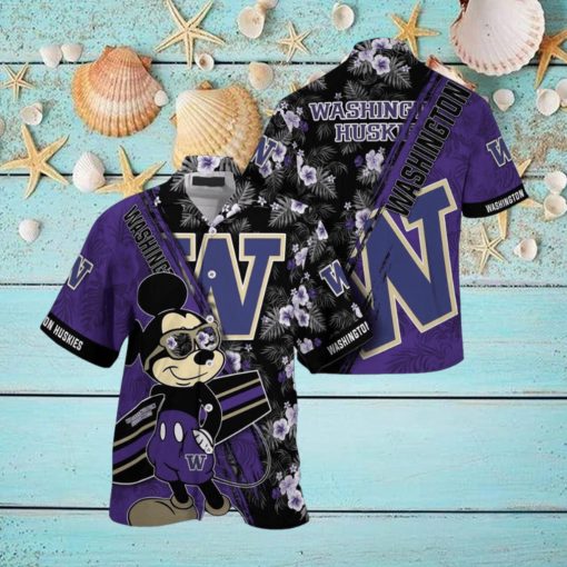 NCAA Washington Huskies Hawaiian Shirt Mickey And Floral Pattern