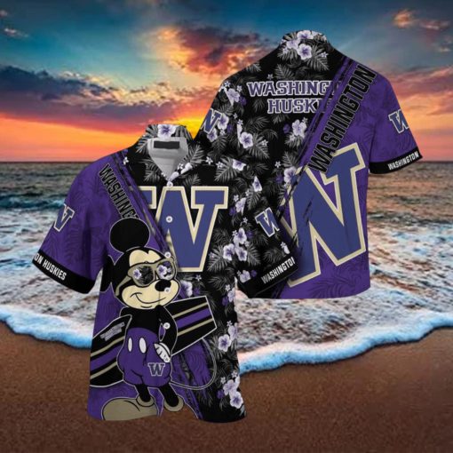 NCAA Washington Huskies Hawaiian Shirt Mickey And Floral Pattern