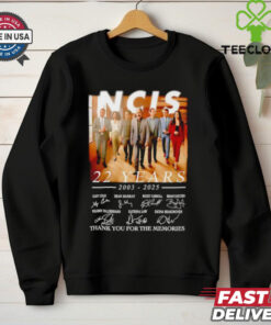 NCIS 22 Years 2003-2025 Thank You for the Memories Signatures Shirt, featuring a special design to commemorate 22 years of the iconic TV show. This shirt includes signatures from the cast and crew, making it a perfect tribute for long-time fans who want to celebrate the show's legacy and impact.