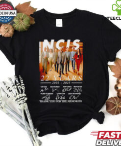 NCIS 22 Years 2003-2025 Thank You for the Memories Signatures Shirt, featuring a special design to commemorate 22 years of the iconic TV show. This shirt includes signatures from the cast and crew, making it a perfect tribute for long-time fans who want to celebrate the show's legacy and impact.