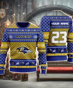 NFL Baltimore Ravens Custom Name And Number Christmas Gift Full Print 3D Sweater Ugly Christmas Sweater
