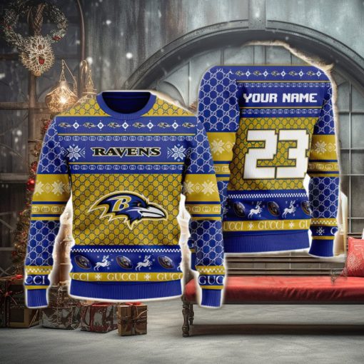 NFL Baltimore Ravens Custom Name And Number Christmas Gift Full Print 3D Sweater Ugly Christmas Sweater