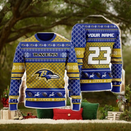 NFL Baltimore Ravens Custom Name And Number Christmas Gift Full Print 3D Sweater Ugly Christmas Sweater
