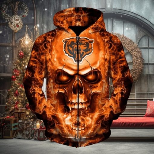 NFL Chicago Bears Skull Flame Thrower In Orange Zip Up Hoodie