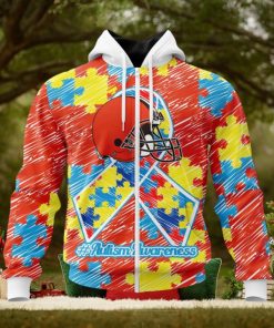 NFL Cleveland Browns Custom Name Number Puzzle Autism Awareness Zip Up Hoodie