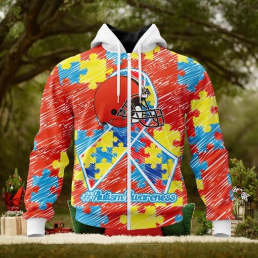 NFL Cleveland Browns Custom Name Number Puzzle Autism Awareness Zip Up Hoodie