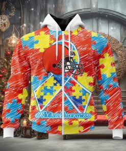 NFL Cleveland Browns Custom Name Number Puzzle Autism Awareness Zip Up Hoodie