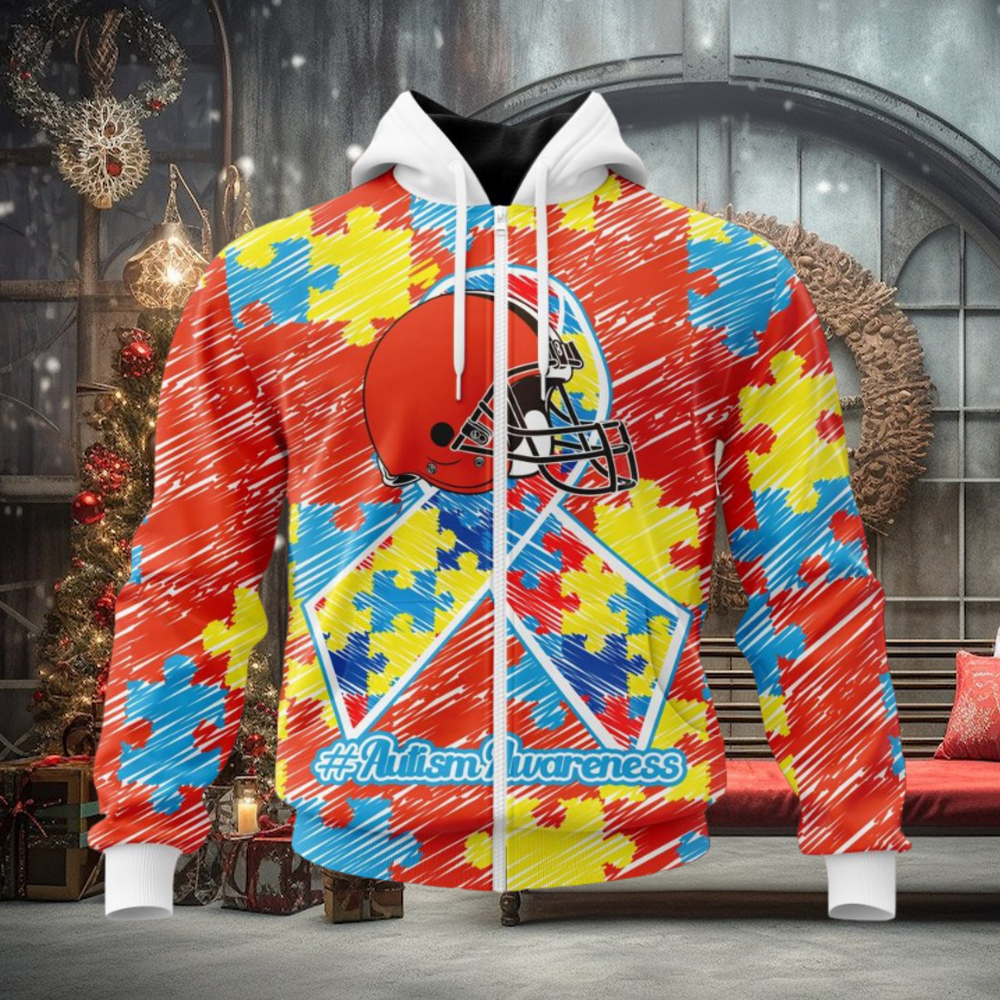 NFL Cleveland Browns Custom Name Number Puzzle Autism Awareness Zip Up Hoodie NFL Cleveland Browns Custom Name Number Puzzle Autism Awareness Zip Up Hoodie