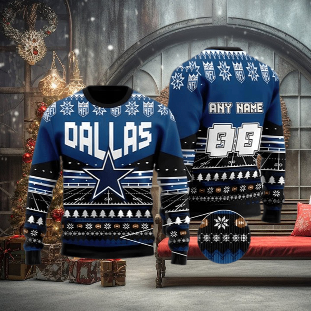 NFL Dallas Cowboys Custom Name Text Santa Down The Chimney Christmas Gift  All Over Print Ugly Christmas Sweater - Freedomdesign