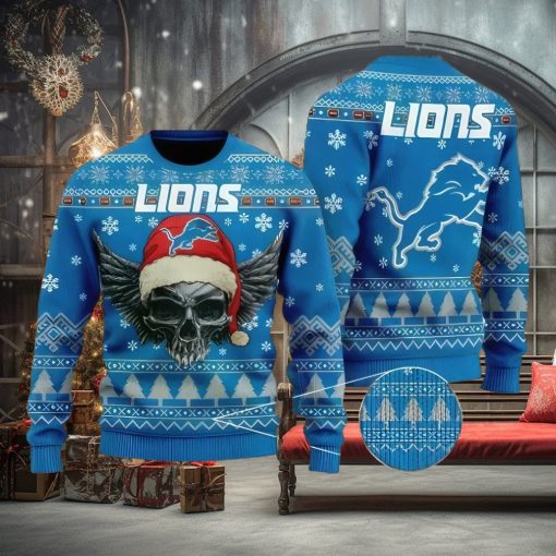 NFL Detroit Lions Skull Santa Christmas Gift All Over Print Ugly Christmas Sweater