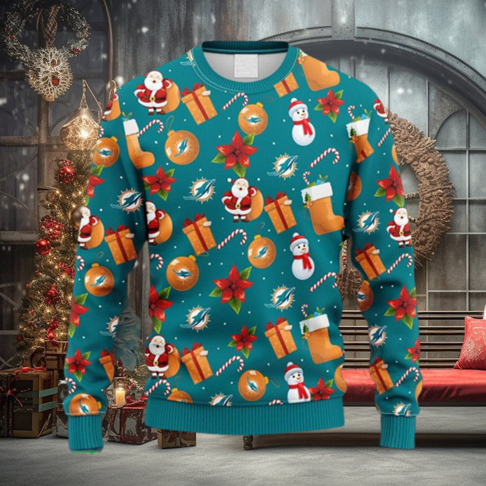 Miami Dolphins Logo Knitted Funny DJ Santa Ugly Christmas Sweater