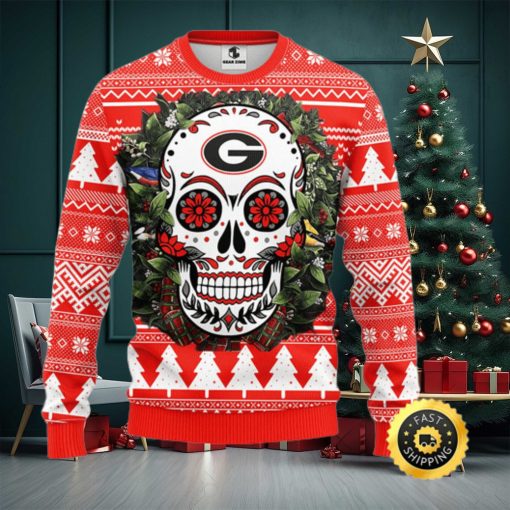 NFL Georgia Bulldogs Skull Flower Ugly Christmas Ugly Sweater