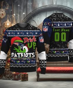 NFL Grinch Drink Up New England Patriots Custom Name And Number Ugly Christmas Sweater Christmas Gift