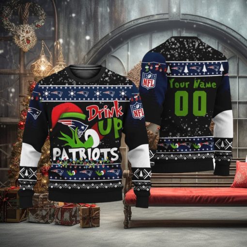 NFL Grinch Drink Up New England Patriots Custom Name And Number Ugly Christmas Sweater Christmas Gift