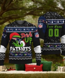 NFL Grinch Drink Up New England Patriots Custom Name And Number Ugly Christmas Sweater Christmas Gift