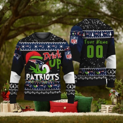 NFL Grinch Drink Up New England Patriots Custom Name And Number Ugly Christmas Sweater Christmas Gift