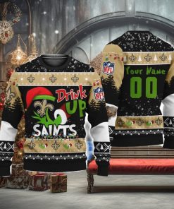 NFL Grinch Drink Up New Orleans Saints Custom Name And Number Ugly Christmas Sweater Christmas Gift