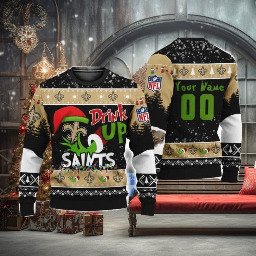 NFL Grinch Drink Up New Orleans Saints Custom Name And Number Ugly Christmas Sweater Christmas Gift