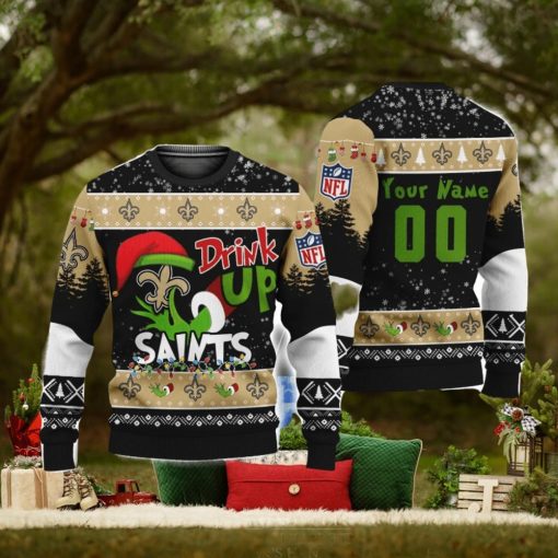 NFL Grinch Drink Up New Orleans Saints Custom Name And Number Ugly Christmas Sweater Christmas Gift