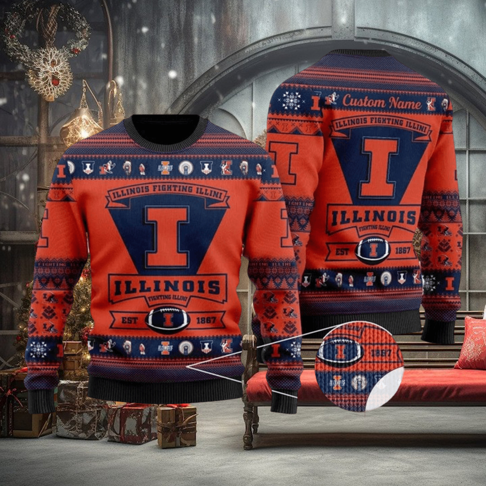 NFL Illinois Fighting Illini Football Team Logo 3D Printed Ugly Christmas Sweater NFL Illinois Fighting Illini Football Team Logo 3D Printed Ugly Christmas Sweater