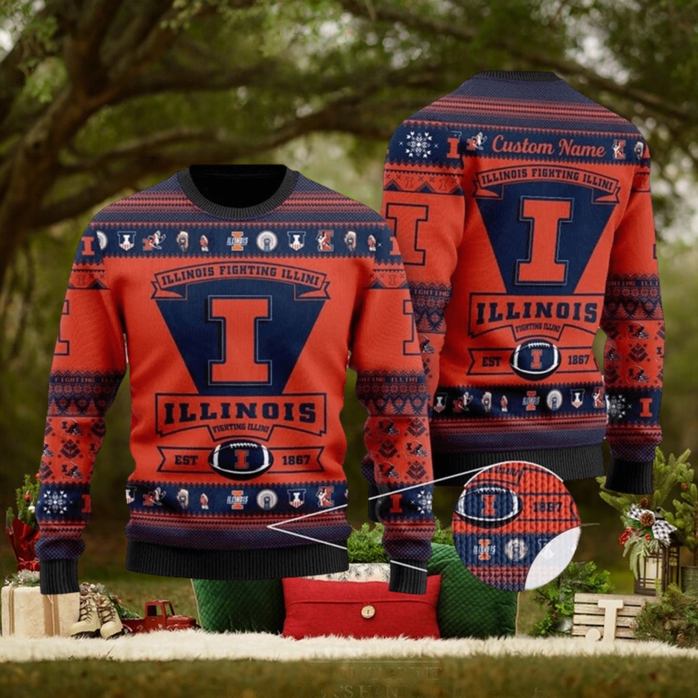 NFL Illinois Fighting Illini Football Team Logo 3D Printed Ugly Christmas Sweater NFL Illinois Fighting Illini Football Team Logo 3D Printed Ugly Christmas Sweater